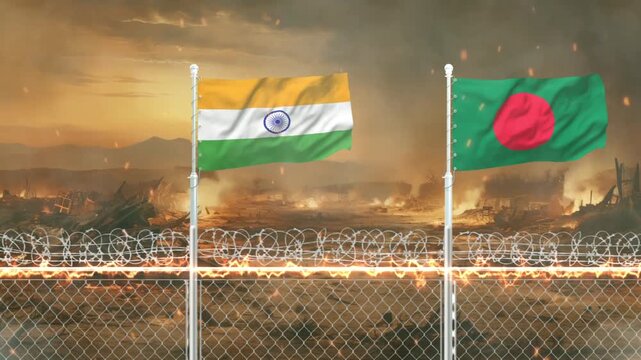 India and Bangladesh flags waving against burning landscape background with barbed wire fence motion.