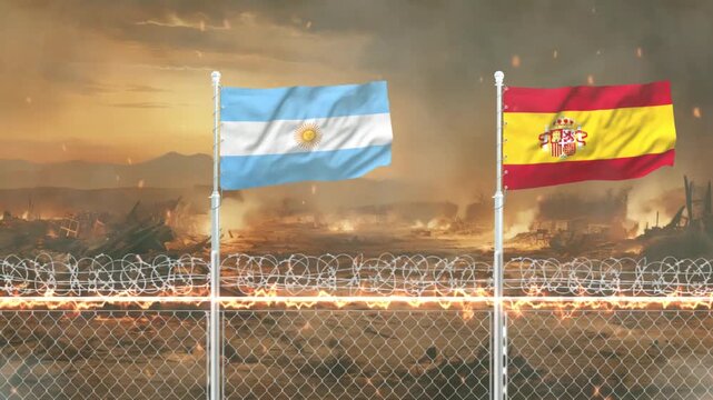 National flags of Argentina and Spain waving together against dramatic post apocalyptic war background.