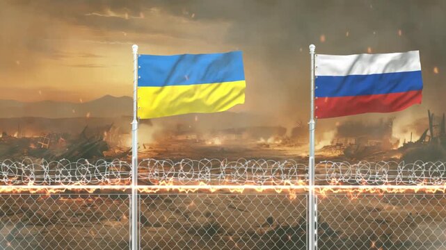 National flags of ukraine and russia waving side by side against dark war torn battlefield background.