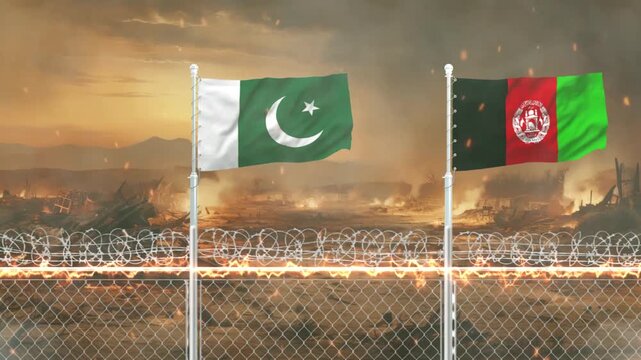 National flags of Pakistan and Afghanistan blowing in wind with barbed wire fence at border war zone.