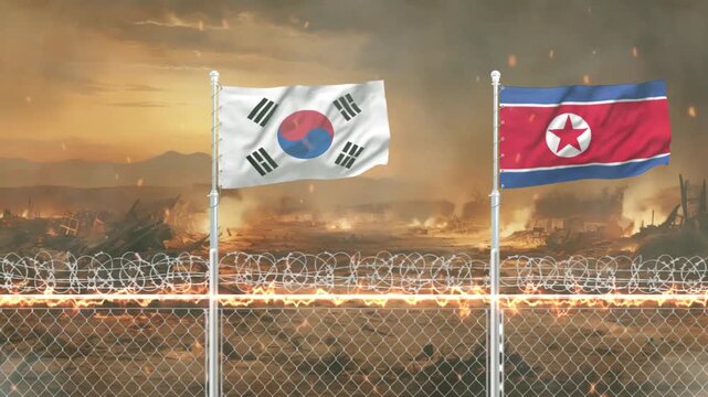 South and north korean flags waving together over burning war landscape background cinematic video clip.
