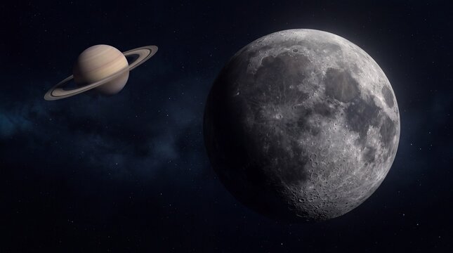 A stunning celestial scene featuring a large moon and a ringed planet in the vastness of space