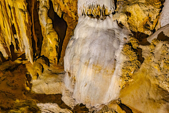Sparkling stalactite flowstone formations inside Crystal Cave in Sequoia Park