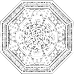 Fototapeta premium Octagonal architectural ornament line art with central floral motif and geometric borders for coloring