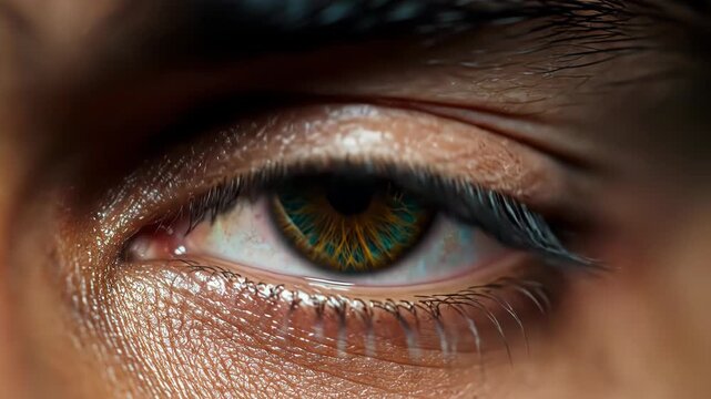 Video of extreme closeup of a human eye with stunning green and brown iris, showing intricate details and light reflection