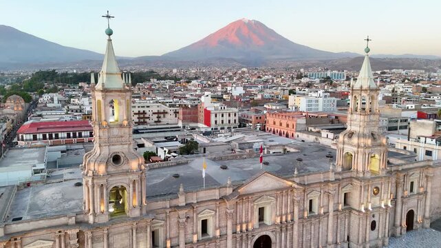 Aerial View of Arequipa Cathedral and Misti Volcano at Sunset