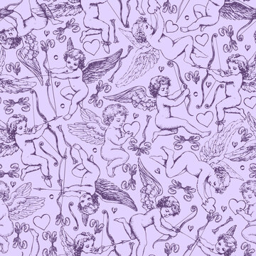 Cute Vintage Cupid Pattern - Seamless Violet Design