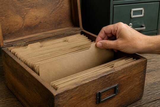 Hand organizing kraft paper file folders inside an old wooden desk box