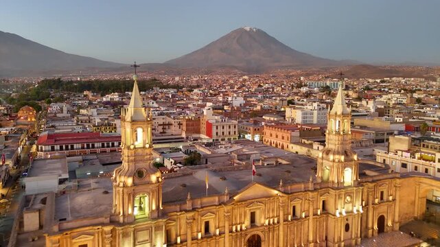 Aerial View of Arequipa Cathedral and Misti Volcano at Night