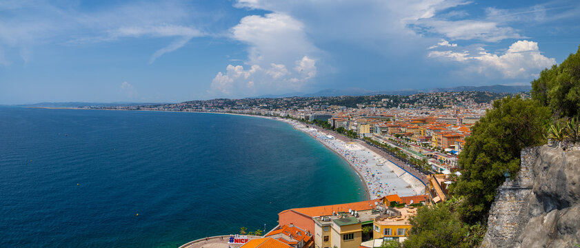 View of the Promenade des Anglais and the Mediterranean Sea coastline in Nice, Provence-Alpes-Cote d'Azur, France.