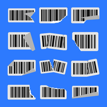 Set of Damaged Torn and Peeled Barcode Stickers Vector Illustration
