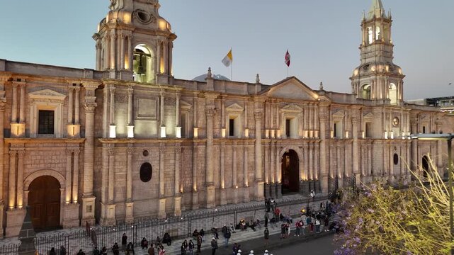 Slow Motion Aerial View of Arequipa Cathedral and Misti Volcano