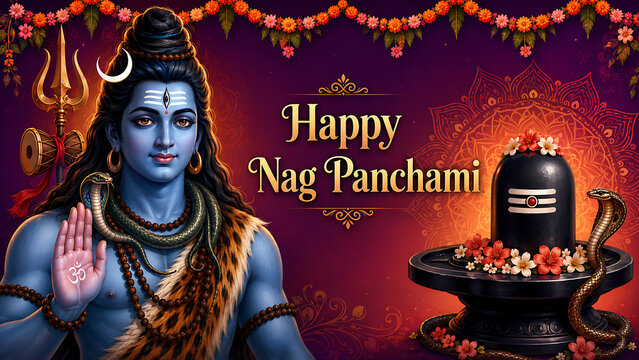 Nag panchami celebration banner with smiling mahadev holding blessing gesture beside shiv lingam guarded by cobra amid flowers and glowing mandala backdrop