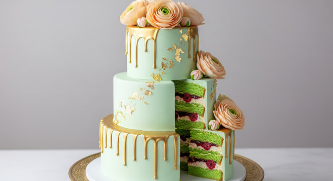Exquisite two-tier celebration cake decorated with mint green frosting, luxurious gold drip icing, delicate pink flowers, and golden foliage toppers, featuring a 