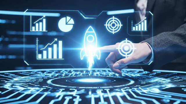 Video of business person interacting with a futuristic holographic interface displaying startup growth analytics, charts, and a rocket launch icon