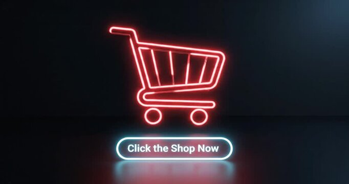Neon line Online shopping icon motion animation. red color Neon shopping cart icon, supermarket trolly, neon click the shop now button alpha looping. 4K Video
