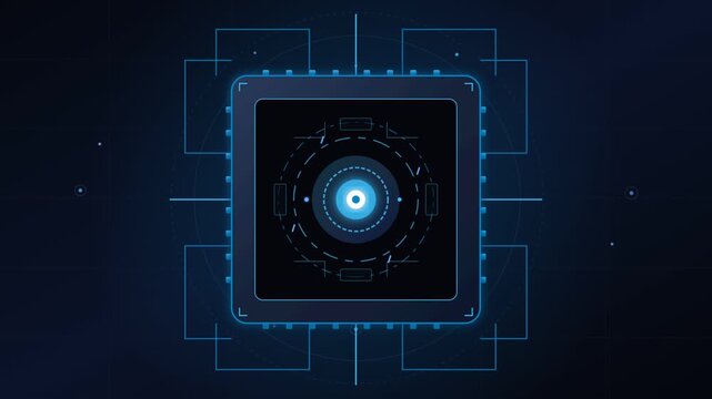 Futuristic CPU chip processor digital technology background with blue HUD interface elements and computer hardware graphics