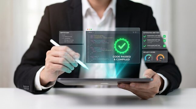 software development and automated code testing concept. business professional analyzing source code, automated unit tests and compilation status on a virtual tablet dashboard

