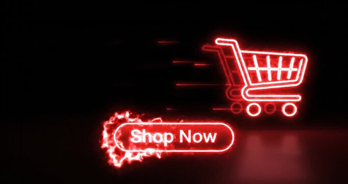 Neon line Online shopping icon motion animation. red color Neon shopping cart icon, supermarket trolly, neon click the shop now button alpha looping. 4K Video