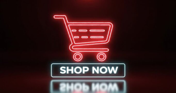 Neon line Online shopping icon motion animation. red color Neon shopping cart icon, supermarket trolly, neon click the shop now button alpha looping. 4K Video