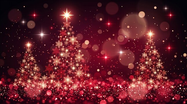 Abstract christmas background with three glowing christmas trees made of snowflakes and sparkles on a dark red bokeh backdrop