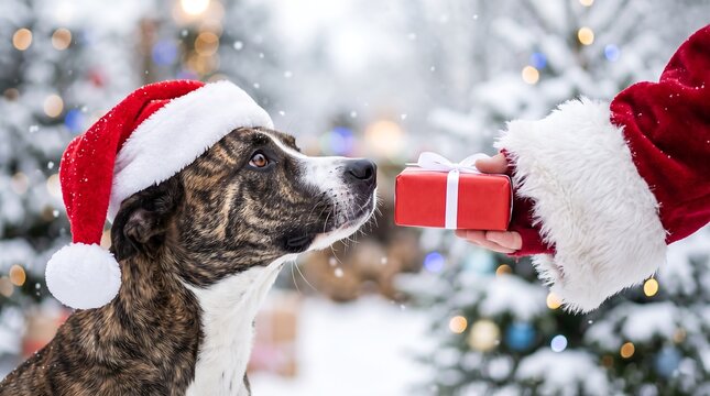A brindle dog wearing a santa hat looking at a small red christmas gift held by santa claus in a snowy outdoor setting with festive lights
