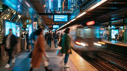 Fototapeta premium Night metro station with rushing commuters.