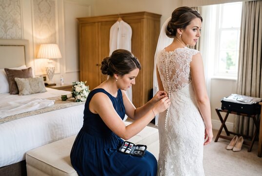 A bride stands while a friend helps her with the back of the wedding dress in a well-lit hotel room. Flowers and a wedding outfit are nearby as they prepare for the ceremony
