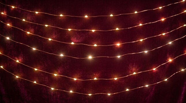 Festive background with glowing warm fairy lights draped in horizontal rows against a dark, deep red velvet texture, creating a cozy and romantic atmosphere