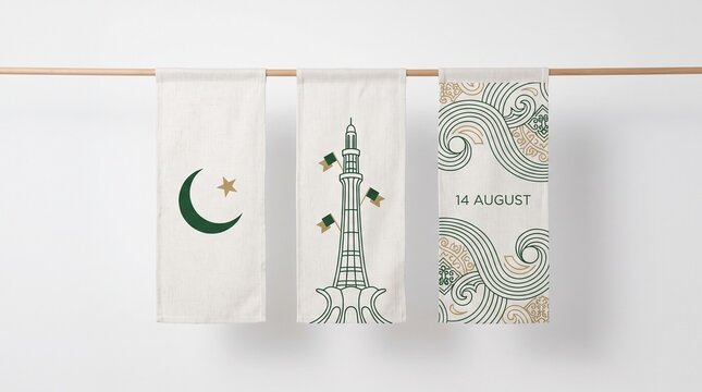 Vertical banners: crescent star, Minar‑e‑Pakistan with palms, wave patterns with &ldquo;14 August&rdquo; &mdash; green‑gold patriotic celebration design.
