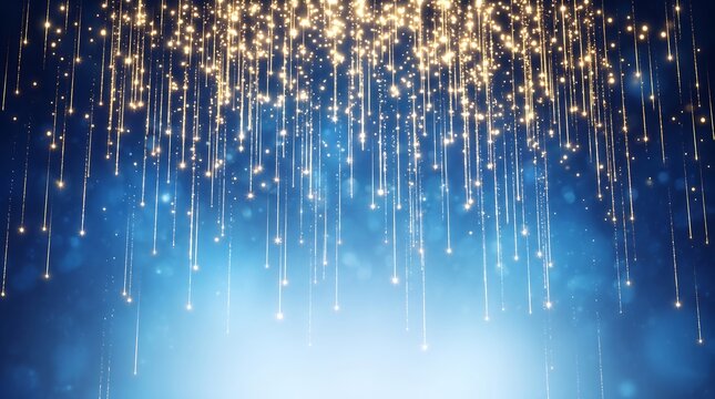 Abstract festive background with golden falling glitter particles and light streaks on a blue gradient backdrop, magical sparkling rain effect