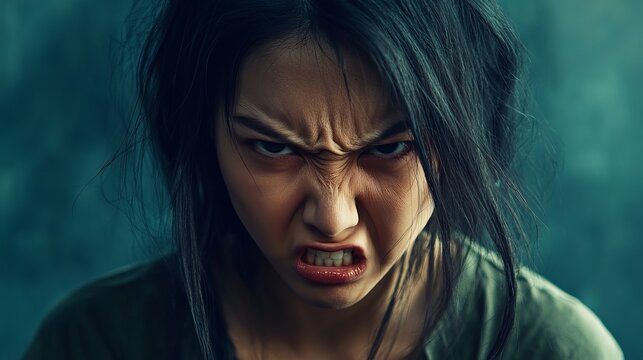 Intense expression: Close-up portrait of a person displaying anger and frustration with furrowed brow and clenched teeth