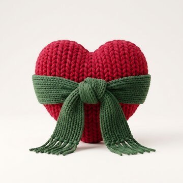 A knitted red heartshaped pillow wrapped with a green scarf tied in a bow, symbolizing love, warmth, and holiday gifting, isolated on white background