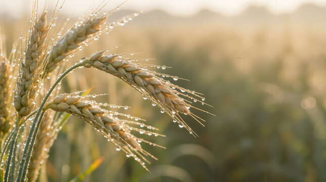 Close-up of golden wheat stalks with morning dew drops in an agricultural field. Macro photography of wet cereal crops at sunrise. Banner with copy space on the right