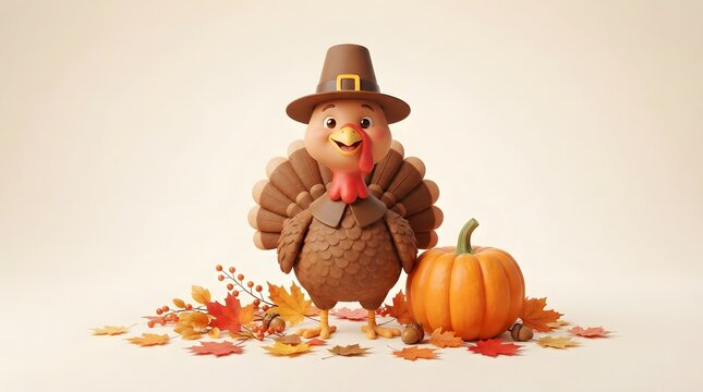 A charming 3D rendered Thanksgiving turkey wearing a traditional pilgrim hat standing next to a bright orange pumpkin surrounded by colorful autumn leaves and berries