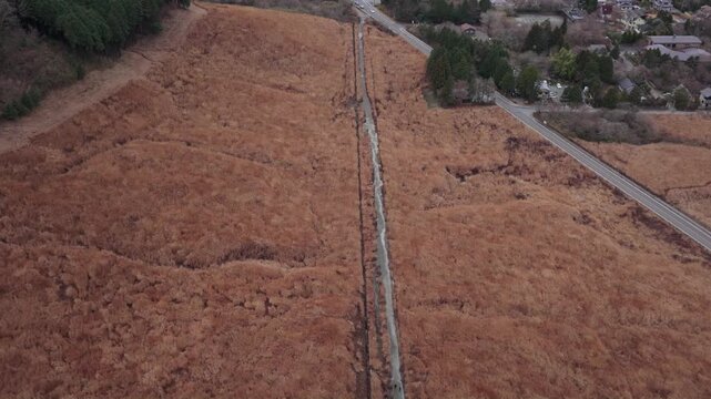 Aerial view of dry grassy field with a narrow path and a road in Japan.