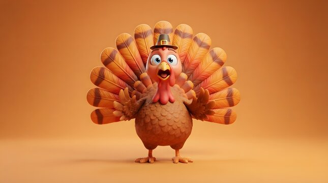 A whimsical 3D render of a cute cartoon turkey wearing a small pilgrim hat, standing with wings outspread against a solid warm orange studio background