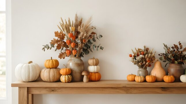 A serene autumn display featuring assorted pumpkins, decorative dried flowers, and rustic ceramic vases arranged elegantly on a natural wood console table against white wall
