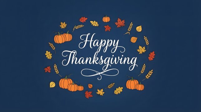 A festive Thanksgiving greeting card featuring elegant white cursive typography surrounded by a circular frame of hand-drawn orange pumpkins, wheat stalks, and colorful autumn leaves.