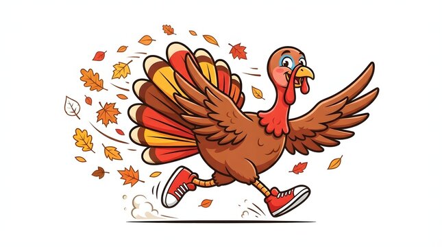 A cheerful cartoon turkey wearing bright red sneakers runs energetically through a whirlwind of colorful autumn leaves against a clean and simple white background scene
