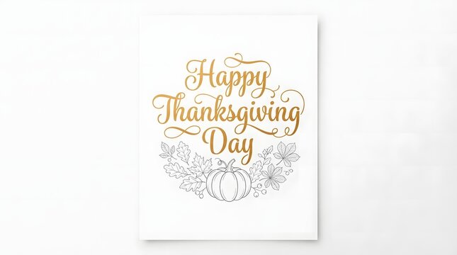 A beautifully elegant Happy Thanksgiving Day greeting card design featuring golden calligraphy text paired with delicate hand-drawn pumpkin and autumn leaf illustrations on white background