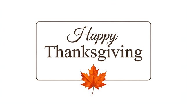 A minimalist and elegant greeting card design featuring the text Happy Thanksgiving centered inside a simple brown frame with a single vibrant maple leaf accent.