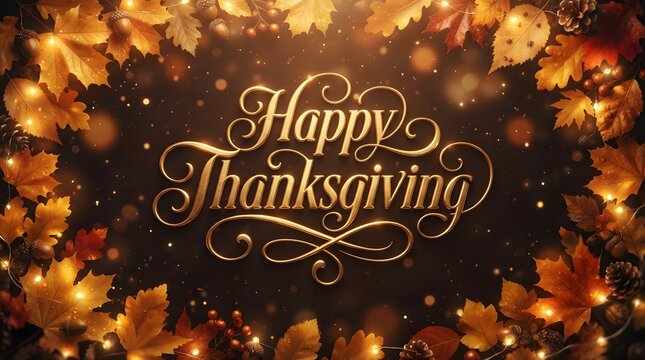 A beautifully elegant Happy Thanksgiving greeting card featuring ornate gold lettering surrounded by a vibrant and glowing border of autumn leaves, acorns, and sparkling fairy lights.