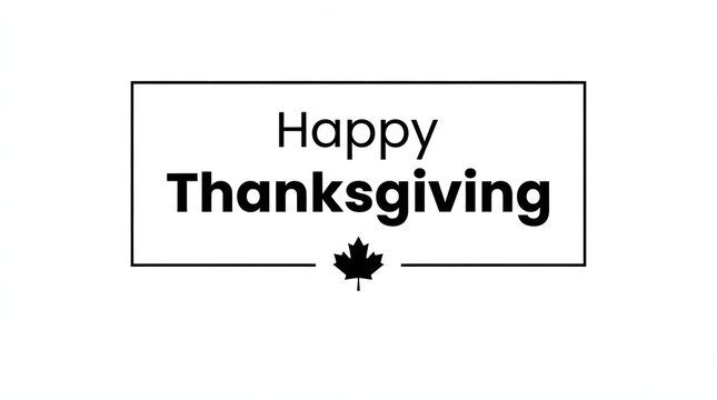 A minimalist black and white graphic design featuring the text Happy Thanksgiving centered inside a rectangular border with a single maple leaf icon underneath the text.