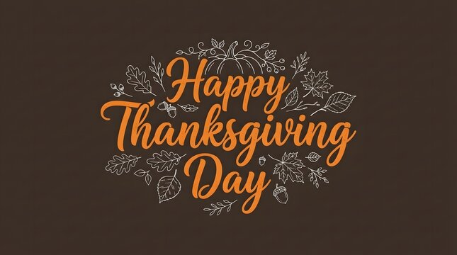 A festive Happy Thanksgiving Day typography design featuring elegant orange script lettering surrounded by intricate white hand-drawn botanical illustrations of autumn leaves, acorns, and pumpkins.