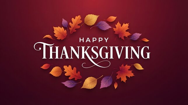 Elegant Happy Thanksgiving greeting card featuring a central white typographic design surrounded by a wreath of vibrant autumn leaves against a deep burgundy gradient background.