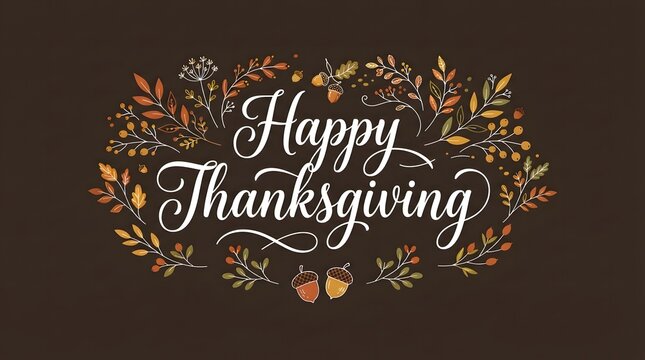 A beautifully hand-lettered Happy Thanksgiving greeting card design featuring elegant white cursive typography surrounded by a decorative border of delicate autumn leaves, berries, and acorns.