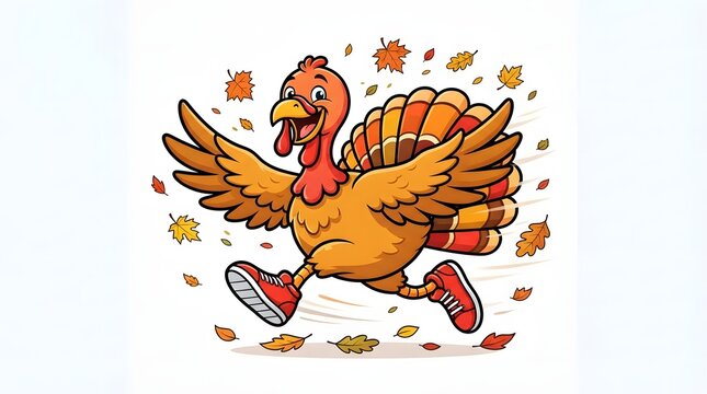 A cheerful cartoon turkey wearing bright red sneakers happily runs across a white background surrounded by a flurry of colorful autumn leaves during Thanksgiving season