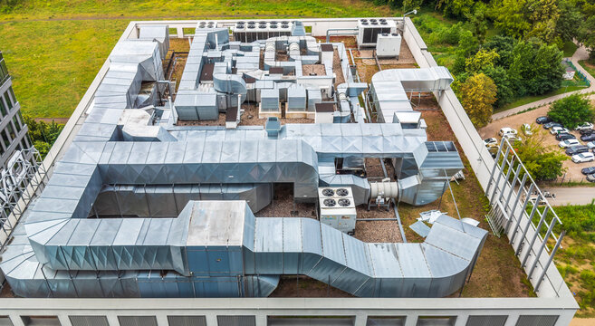 Aerial view of the HVAC system and ventilation ducts on the rooftop of the Olivia Business Centre in Gdansk, Wojewodztwo pomorskie, Poland.