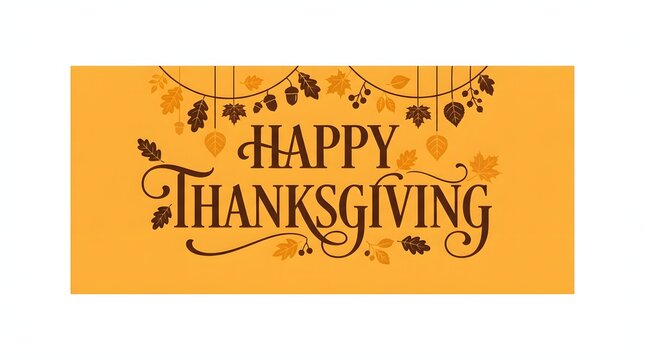 A festive Happy Thanksgiving graphic design featuring elegant dark brown typography centered on a warm golden yellow background adorned with decorative hanging autumn leaf illustrations